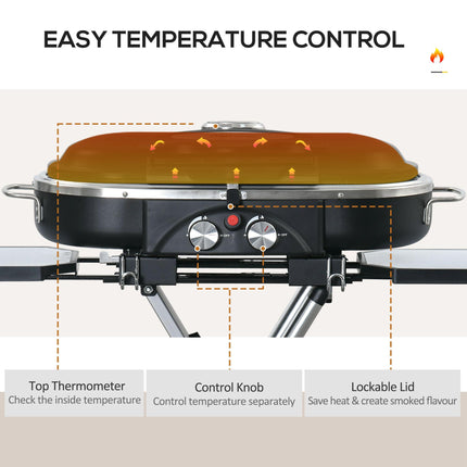 Foldable 2 Burner Gas BBQ Grill Trolley with Lid, Side Shelves & Thermometer - Black Silver