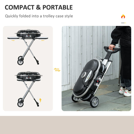 Foldable 2 Burner Gas BBQ Grill Trolley with Lid, Side Shelves & Thermometer - Black Silver