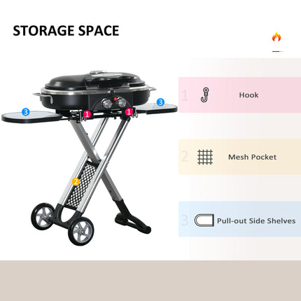 Foldable 2 Burner Gas BBQ Grill Trolley with Lid, Side Shelves & Thermometer - Black Silver