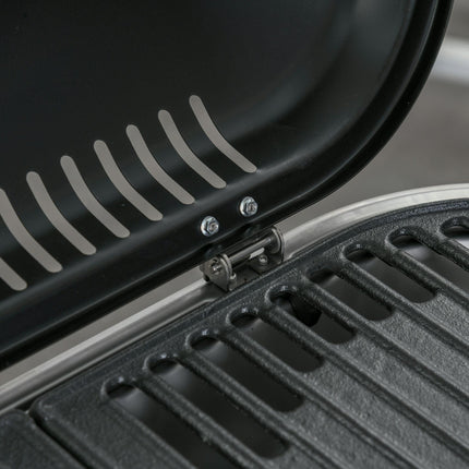 Foldable 2 Burner Gas BBQ Grill Trolley with Lid, Side Shelves & Thermometer - Black Silver