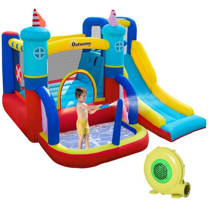 4 in 1 Kids Large Sailboat Bounce Castle Inflatable Slide Trampoline Water Pool Climbing Wall 3-8 Years - Red Yellow Blue