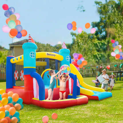 4 in 1 Kids Large Sailboat Bounce Castle Inflatable Slide Trampoline Water Pool Climbing Wall 3-8 Years - Red Yellow Blue