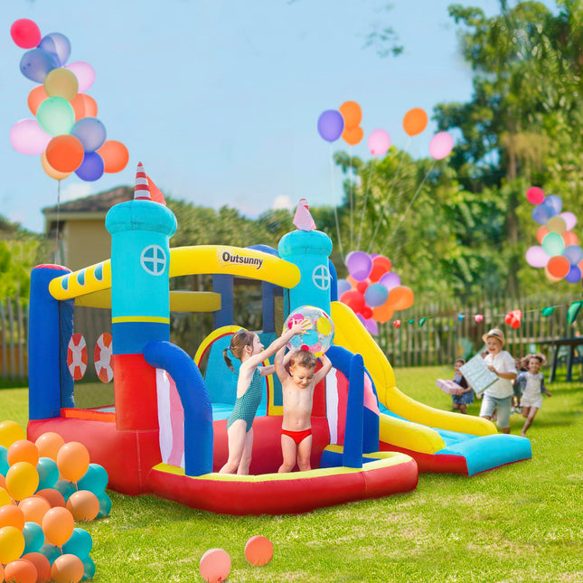 4 in 1 Kids Large Sailboat Bounce Castle Inflatable Slide Trampoline Water Pool Climbing Wall 3-8 Years - Red Yellow Blue