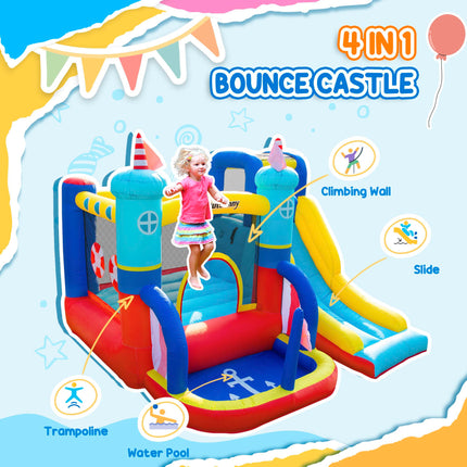 4 in 1 Kids Large Sailboat Bounce Castle Inflatable Slide Trampoline Water Pool Climbing Wall 3-8 Years - Red Yellow Blue