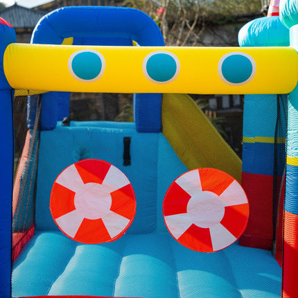 4 in 1 Kids Large Sailboat Bounce Castle Inflatable Slide Trampoline Water Pool Climbing Wall 3-8 Years - Red Yellow Blue