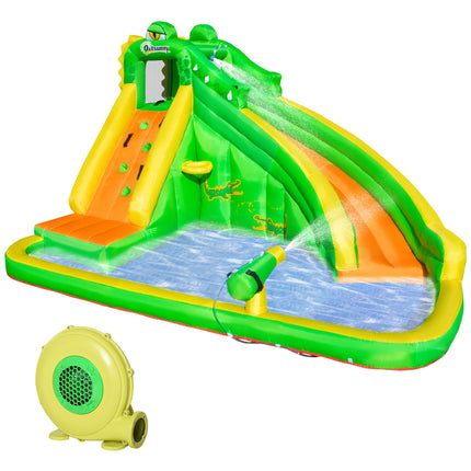 5 in 1 Large Kids Bouncy Castle Inflatable House Slide Basket Water Pool Climbing Wall Crocodile - Green Yellow Blue
