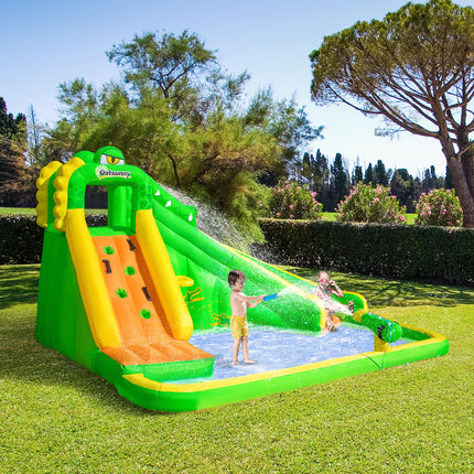 5 in 1 Large Kids Bouncy Castle Inflatable House Slide Basket Water Pool Climbing Wall Crocodile - Green Yellow Blue
