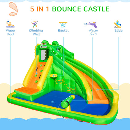 5 in 1 Large Kids Bouncy Castle Inflatable House Slide Basket Water Pool Climbing Wall Crocodile - Green Yellow Blue