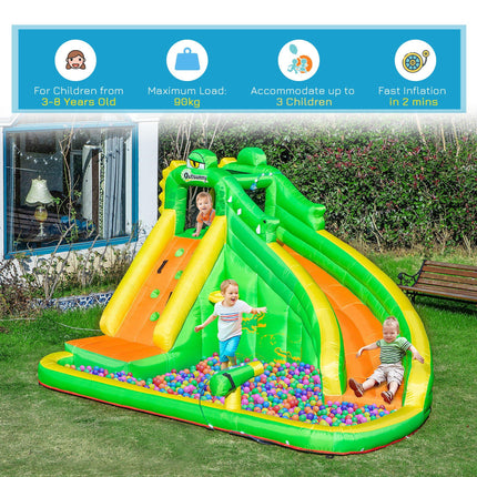 5 in 1 Large Kids Bouncy Castle Inflatable House Slide Basket Water Pool Climbing Wall Crocodile - Green Yellow Blue