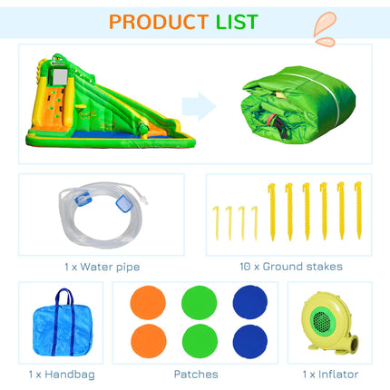 5 in 1 Large Kids Bouncy Castle Inflatable House Slide Basket Water Pool Climbing Wall Crocodile - Green Yellow Blue