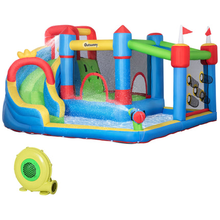 5 in 1 Large Kids Bounce Castle Inflatable House with Slide, Trampoline, Pool, Water Gun & Climbing Wall for Ages 3-8 - Multicoloured