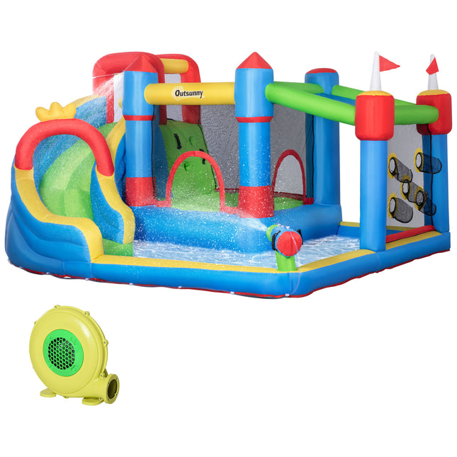 5 in 1 Large Kids Bounce Castle Inflatable House with Slide, Trampoline, Pool, Water Gun & Climbing Wall for Ages 3-8 - Multicoloured