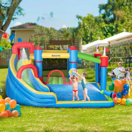 5 in 1 Large Kids Bounce Castle Inflatable House with Slide, Trampoline, Pool, Water Gun & Climbing Wall for Ages 3-8 - Multicoloured