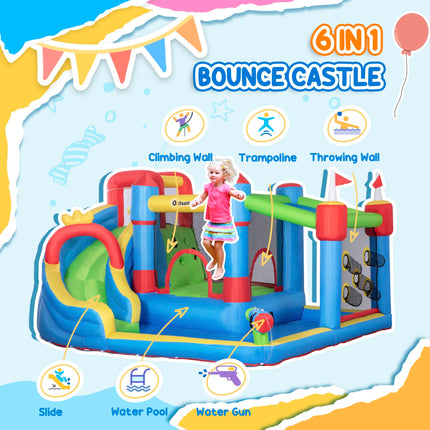 5 in 1 Large Kids Bounce Castle Inflatable House with Slide, Trampoline, Pool, Water Gun & Climbing Wall for Ages 3-8 - Multicoloured