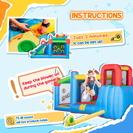 5 in 1 Large Kids Bounce Castle Inflatable House with Slide, Trampoline, Pool, Water Gun & Climbing Wall for Ages 3-8 - Multicoloured