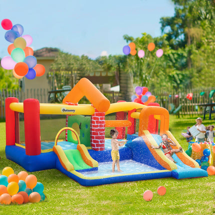 4 in 1 Kids Bounce Castle with Double Slides, Trampoline, Pool & Climbing Wall 3.8x3.7x2.3m - Multi-coloured