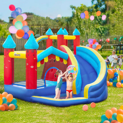 4 in 1 Kids Bounce Castle Inflatable House with Trampoline, Slide, Pool & Climbing Wall 2.9x2.7x2.3m - Red/Orange/Yellow/Blue