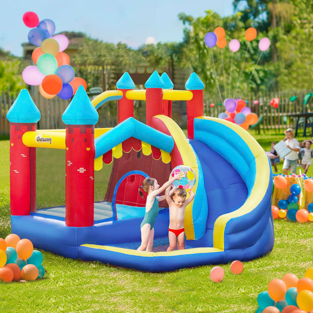 4 in 1 Kids Bounce Castle Inflatable House with Trampoline, Slide, Pool & Climbing Wall 2.9x2.7x2.3m - Red/Orange/Yellow/Blue