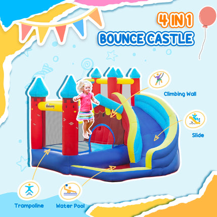 4 in 1 Kids Bounce Castle Inflatable House with Trampoline, Slide, Pool & Climbing Wall 2.9x2.7x2.3m - Red/Orange/Yellow/Blue