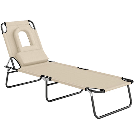 Foldable Adjustable Sun Lounger with Pillow and Reading Hole for Garden and Beach - Beige