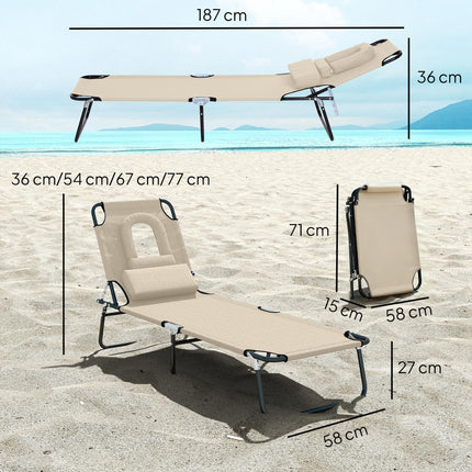 Foldable Adjustable Sun Lounger with Pillow and Reading Hole for Garden and Beach - Beige