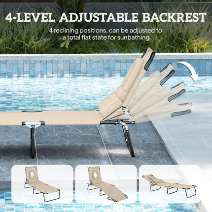 Foldable Adjustable Sun Lounger with Pillow and Reading Hole for Garden and Beach - Beige