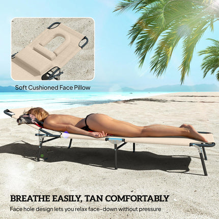 Foldable Adjustable Sun Lounger with Pillow and Reading Hole for Garden and Beach - Beige