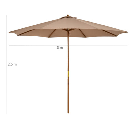 3m Wooden Garden Parasol 8-Rib Bamboo Patio Umbrella with Khaki Canopy