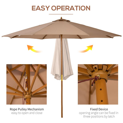 3m Wooden Garden Parasol 8-Rib Bamboo Patio Umbrella with Khaki Canopy
