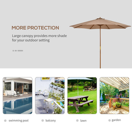 3m Wooden Garden Parasol 8-Rib Bamboo Patio Umbrella with Khaki Canopy