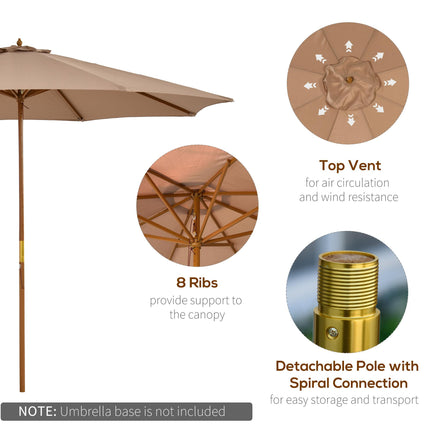 3m Wooden Garden Parasol 8-Rib Bamboo Patio Umbrella with Khaki Canopy