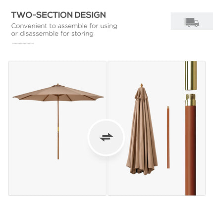 3m Wooden Garden Parasol 8-Rib Bamboo Patio Umbrella with Khaki Canopy