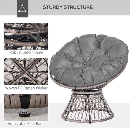 360° Swivel Oversized Rattan Papasan Moon Bowl Lounge Chair with Padded Cushion - Grey