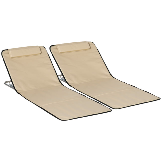 Set of 2 Foldable Adjustable Garden & Beach Chair Mats with Metal Frame and Head Pillow - Beige