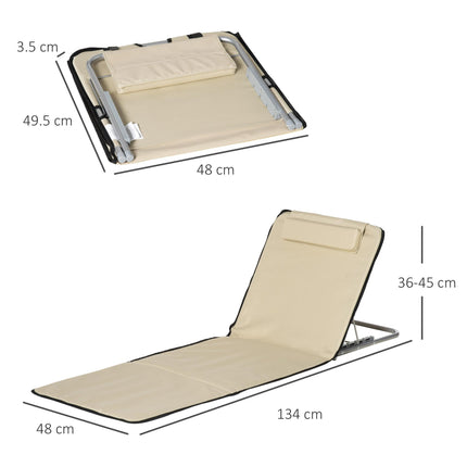 Set of 2 Foldable Adjustable Garden & Beach Chair Mats with Metal Frame and Head Pillow - Beige