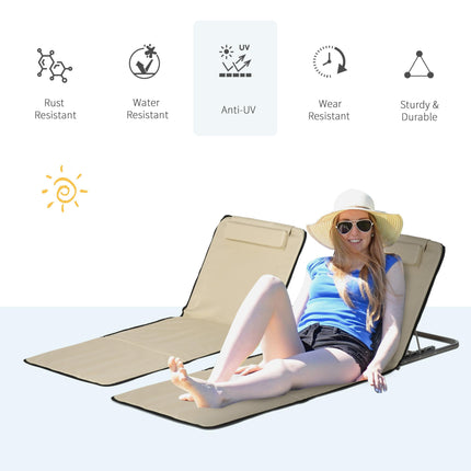 Set of 2 Foldable Adjustable Garden & Beach Chair Mats with Metal Frame and Head Pillow - Beige
