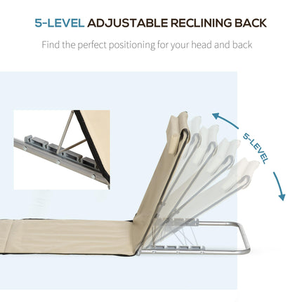 Set of 2 Foldable Adjustable Garden & Beach Chair Mats with Metal Frame and Head Pillow - Beige
