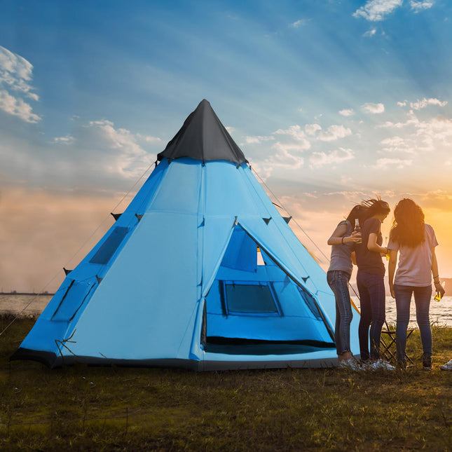 6 Person Camping Tipi Tent with Mesh Windows and Carry Bag - Blue