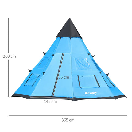 6 Person Camping Tipi Tent with Mesh Windows and Carry Bag - Blue