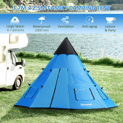 6 Person Camping Tipi Tent with Mesh Windows and Carry Bag - Blue