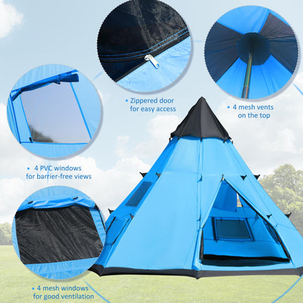 6 Person Camping Tipi Tent with Mesh Windows and Carry Bag - Blue