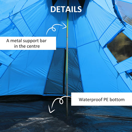 6 Person Camping Tipi Tent with Mesh Windows and Carry Bag - Blue