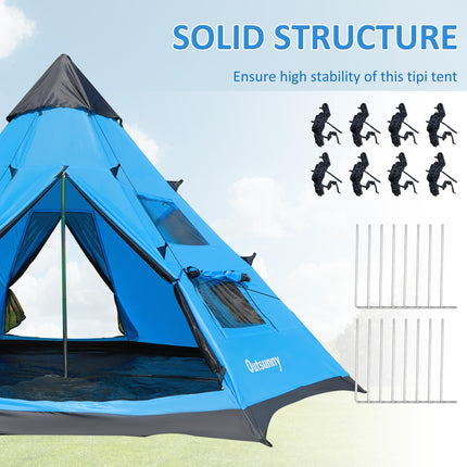 6 Person Camping Tipi Tent with Mesh Windows and Carry Bag - Blue