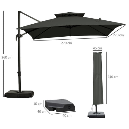 3 x 3m Garden Cantilever Roma Parasol with Crank, Tilt & 360° Rotation - Dark Grey