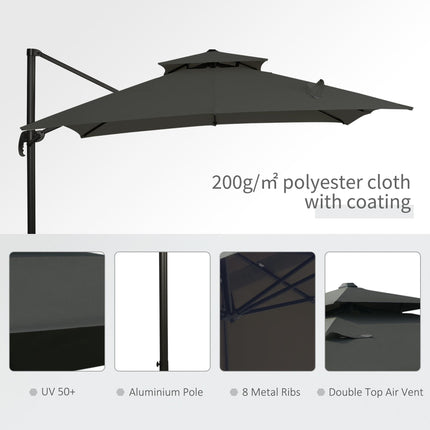 3 x 3m Garden Cantilever Roma Parasol with Crank, Tilt & 360° Rotation - Dark Grey