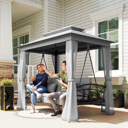 3 Seater Convertible Swing Chair, Outdoor Gazebo Swing Seat Bed with Double Tier