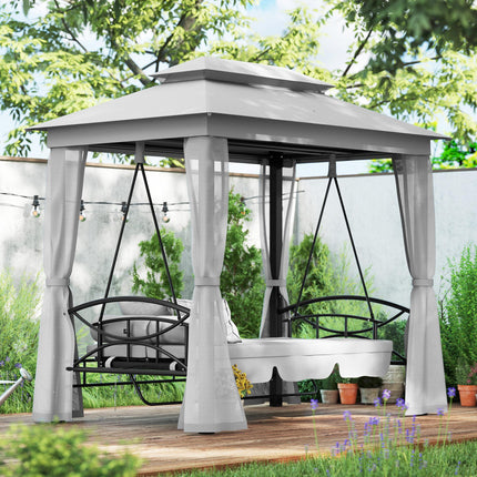 3 Seater Convertible Swing Chair, Outdoor Gazebo Swing Seat Bed with Double Tier