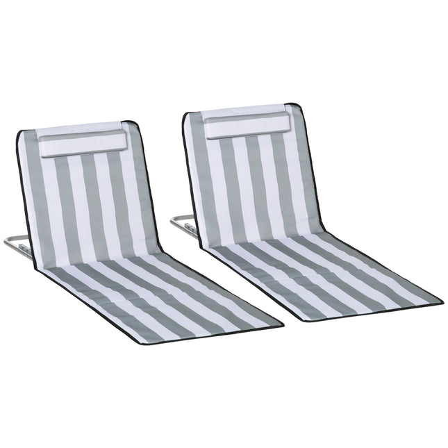 Set of 2 Foldable Outdoor Garden Beach Chair Mats with Adjustable Back and Head Pillow - Light Grey