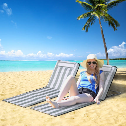Set of 2 Foldable Outdoor Garden Beach Chair Mats with Adjustable Back and Head Pillow - Light Grey
