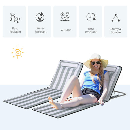 Set of 2 Foldable Outdoor Garden Beach Chair Mats with Adjustable Back and Head Pillow - Light Grey